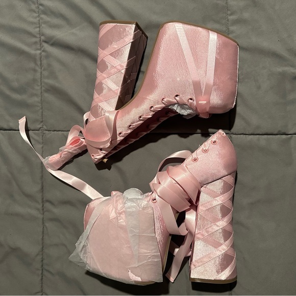 sweet sonata ballet wrap heels in pink by sugar thrillz (dolls kill) - Picture 3 of 15
